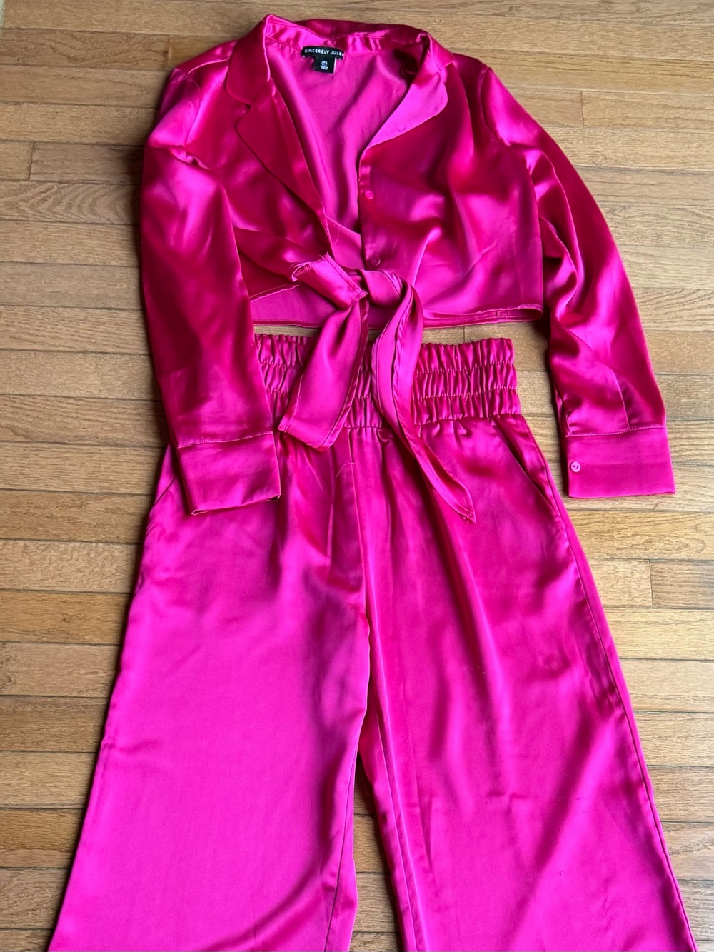 Sincerely Jules Satin Two-Piece Set Hot Pink Crop Top Tie Top & Wide Leg Pants